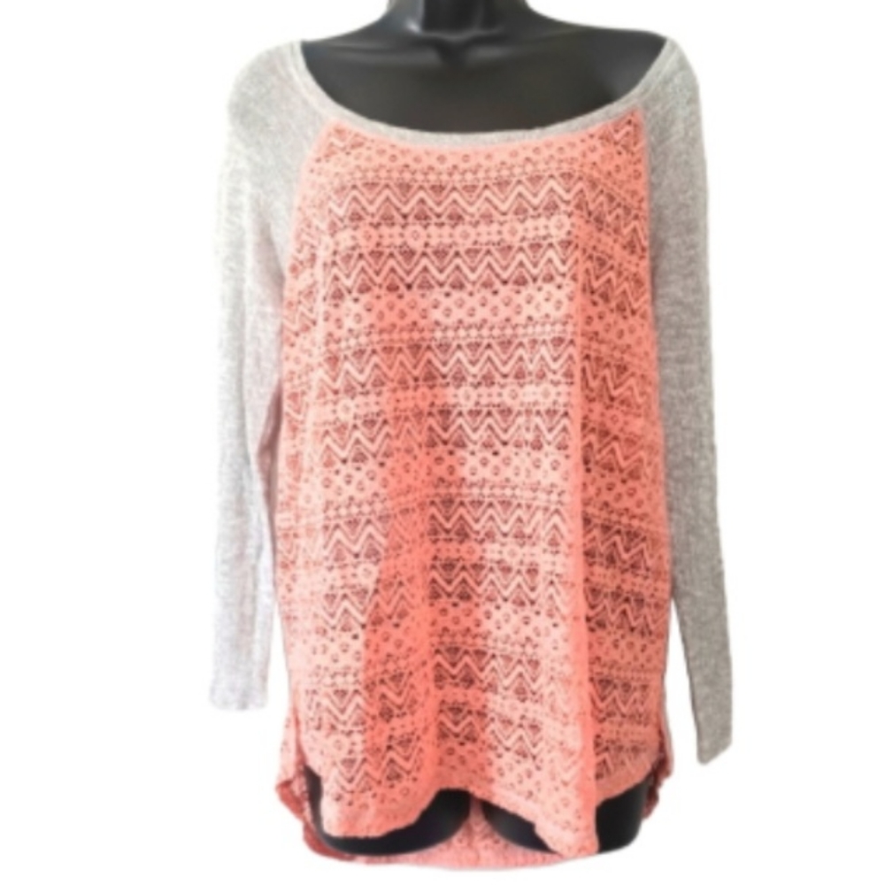 Maurices Peach Crochet Front Raglan Sweater with Gray Sleeves